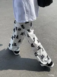 Pantaloni da donna QWEEK Stile coreano Stampa orso Donna Harajuku Pantaloni fluidi bianchi carini Donna Pantalon gamba larga base oversize estate