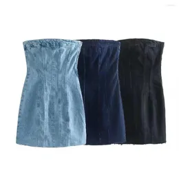 Röcke zevity Frauen Mode von Schulter trägerloser schlanker kurzer Denim -Mini -Hemdkleid Ladies Side Reißverschluss Freizeitparty Vestidos