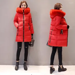 Damen-Trenchcoats, koreanische Version des Damenmodemantels, Winter, mittel und lang, mit Baumwolle gefütterter, großer Wollkragen, verdicken warme Parkas
