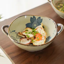 Skålar japansk stil dubbel öronplatta keramisk retro soppa hem fördjupning med handtags gabelrum djup mun