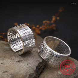 Cluster Rings S999 Pure Silver Jewelry Punk Vintage Big Buddhism Öppen Ring för män Manlig mode Free Size Buddhistic Heart Sutra gåvor