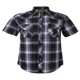 Club Men Is Western Plaid Pearl Snap -knappar Två fickor Casual Short Sleeve Shirts Black Grey 9 XXL
