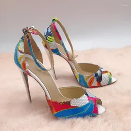 Sandálias Open Toe Butterfly Print Genuíno Couro Ankle Strap Fino Salto Alto Verão Mulheres Sapatos Tamanho