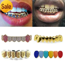 Brace de dentes dourados de 18k Punk Hip Hop Multicolor Diamond dentes de dentes inferiores personalizados Grillz Boca dental Fang Grills Jóias de rapper Vampire Rapper