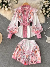 Women's Tracksuits Spring Summer Holiday Pink Flower Two Piece Suit Women Long Lantern Sleeve V Neck Shirt Top Belt Floral Print Shorts Set 230428