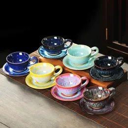 Mugs Ceramic Kiln Changed Coffee Cup and Saucer Set Creative Vintage Chinese Breakfast Cups Afternoon Tea Drinking Utensils 230428