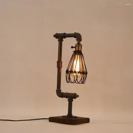 Lâmpadas de mesa Vintage Loft Industrial Dimmer Pipe Lamp mesa de madeira Base de madeira de madeira Decoração Night Iluminação E27 220V Bulbo