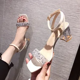 Scarpe eleganti Sandali con tacco trasparenti Sandali con cinturino in cristallo glitterato Sandali con punta aperta con fibbia alla caviglia Sandali alti argento trasparente Mujer1