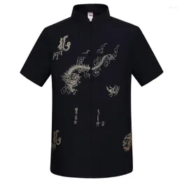 Herren T-Shirts Sommer Baumwolle Wu Shu Uniform Kurzarm Tai Chi Bluse Tops Schwarzer Stickerei Drache Chinesisches Herrenhemd Kausal