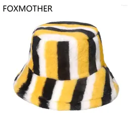 베레트 여우 모이더 따뜻한 버킷 모자 검은 노란색 줄무늬 고로스 파나마 모피 푹신한 어부 모자 여성 겨울