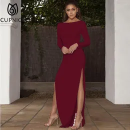 Casual Dresses CUPNICE Backless Bodycon Pullover Floor Length Slim Fit Party Wedding Dress Solid O-neck Long Split Evening For Women