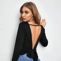 Kadın Tişörtleri Kadın Seksi Bluz Düz Renk Bandajı Sırtsız Üst Tee O-Beeck Uzun Kollu Spor Gündelik Slim Blusas de Mujer