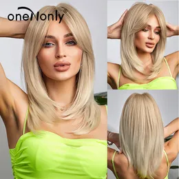 Onenonl White Blonde Wig Long Straight Synthetic Wigs for Daily Natural Wigs with Bangs耐熱性繊維ヘアファクトリーD