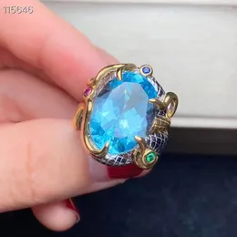 Pierścienie klastra Wysokiej jakości luksusowy pierścień Man Top Real and Natural Topaz 925 STREBY SREBRO