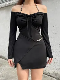 캐주얼 드레스 Qweek Black Sexy Bodycon Honter Dress Women 2023 Streetwear0 Off Shoulder Mini Short Slim Sheath 한국 의상