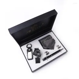 Wristwatches Luxury Black Brown Business Men Men's Watch Watch Tie Cufflinks Keychain Pen Pen Set Hift Wristwatch Year Present