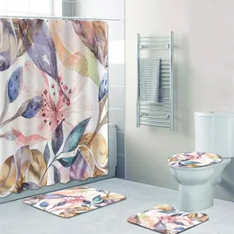Zasłony Stylowe boho akwarelowane pióra dzikie kwiaty zasłony prysznicowe i dywanik liście kwiatowy malarstwo łazienki maty dekoracje