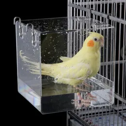 Trädgårdsdekorationer fågelbad plast transparent rektangulär hängande papegoja kub läcksäker sprickbeständig hållbar dusch badkar för