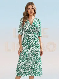 Çiçek Baskı Lantern Sleeve High Split Alevlenmiş Hem Elbise Woemn Vneck Aline Sıradan Uzun Elbise Yaz Boho Elbise Robe