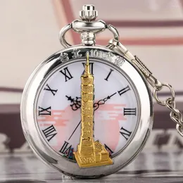 Pocket Watches Fashion Silver Watch Pendant Hollow Building Cover Quartz Halsband Romerska siffra Dial Clock -gåvor