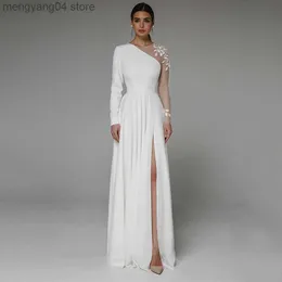 Partykleider Asymmetrisches Seitenschlitz-Hochzeitskleid Langarm Zivil Brautkleid Party für die Braut Knopfapplikation bodenlang T230502