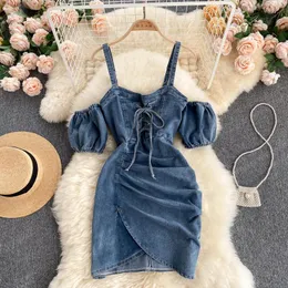 Vestidos de vestido de jeans de jeans retro vestidos coreanos de manga coreana de manga ruched Summer Summer Sexy Off Streetwear Sundress curto