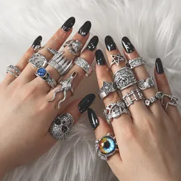 19pcs/ set rings for Women Silver Color Skull Eyes 동물 펑크 보헤미아 스타일 금속 할로윈 빈티지 패션 여성 반지