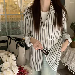 Kvinnors blusar Plamtee Chic Hong Kong Shirts Women Stripes ol Full Sleeve Vintage Spring 2023 Office Wear High Street Loose Casual Blusas