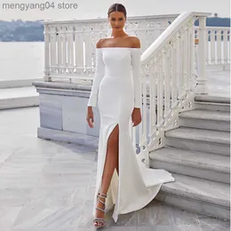 Party Dresses White Off-The-Shoulder Boat Neck Side Slit Wedding Dresses Floor-Length with Jersey Sheath Zipper Back Court Train Bridal Gowns T230502