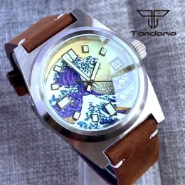 Avanadores de pulso Tandorio 38mm 24 Jóias NH35A Automático Assista Luminous Kagawana Dial Sapphire Glass 20bar escovado Caixa de couro/pulseira de borracha