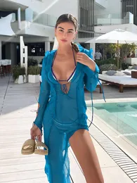 Casual Dresses Alinemyer långärmad blå maxi klänning sexig ruffle bandage sommarstrand för kvinnor 2023 Autumn Mesh Slim Club Party