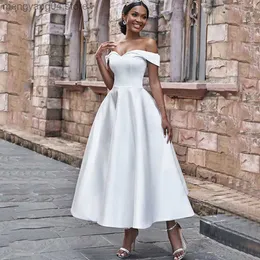 Party Dresses Simple Satin Mid-Calf Wedding Dress Off the Shoulder Short Sleeve A-Line Backless Bridal Civil Marriage Gowns for Register T230502