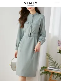 Casual Dresses Vimly Elegant Chic Long Sleeve Shirt for Women 2023 Spring Fashion Vintage Stand Neck Belt High midja MIDI Dress V8085