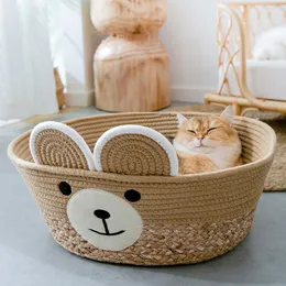 الحصير الجديد Pet Cat Nest Summer Cennel Round Handwovel Petable Pet Basket