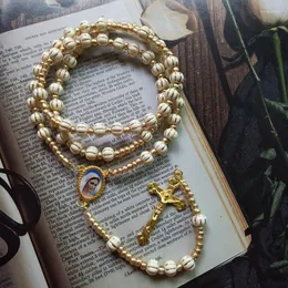 Kedjor vintage Jesus religiösa kvinnor gåva bröllop runda pärla 30 cm lång korshänge akryl radband halsband smycken tillbehör