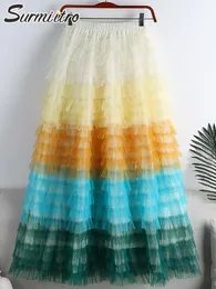 Vestidos surmiitro 2022 primavera verão coreano moda arco-íris cores malha tule feminino longo cintura alta plissado uma linha saia feminina