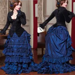 Vestidos góticos góticos vintage vestidos de noite vitoriana Black Marinha azul de tafetá de mangas compridas Corset Rose Flower Prom Ocha