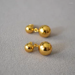 Pendientes colgantes INS Chic Latón chapado en oro Hueco Brillante Bola doble 925 Aguja de plata Simple para mujeres Clásico Metal Elegante Gota para el oído