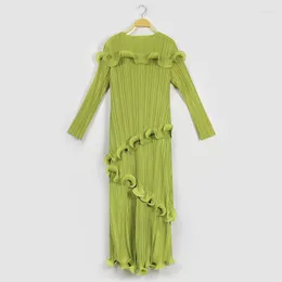 캐주얼 드레스 Miyake 주름 봄 가을 패션 여성 플러스 크기 드레스 단색 긴 소매 디자이너