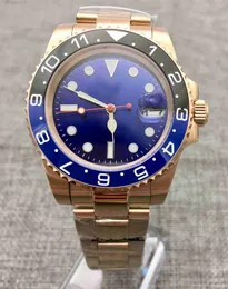 Relógios de pulso 40mm Blue Dial Marker luminoso Caso de ouro rosa Data de cerâmica Bolsa de cerâmica Automática Mecânica de aço inoxidável Strap G230502