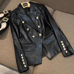 BA021 Najnowszy barokowy projektant mody Blazer Jacket Damskie metalowe metalowe guziki Faux skórzane płaszcz zewnętrzny