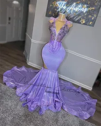 Sexy Purple Mermaid Long Prom Dresses 2023 V-Neck Beads Crystals Tassels Featehrs Birthday Party Gowns Robe De Bal Court Train