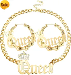 Sailimue Queen Pendant Chain Necklace with Oversized 90s Bamboo Ring Earring Set for Women Gold Plated Color Punk Style Hip Hop Singer