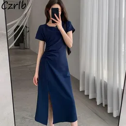 Dress Short Sleeve Dress Women Summer New Solid Shirring Sideslit Allmatch Retro Oneck Ulzzang OL Femme Elegant Cozy Aline Leisure