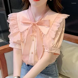 بلوزات نسائية قميص هيفون الوردي قميص قصير الأكمام الصيف الصيف 2023 الفرنسية أنيقة جميلة فائقة الجنية القوس الحلو القوس بلوساس mujer