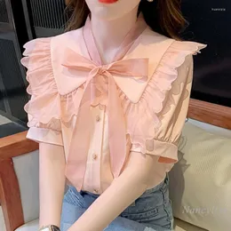 Damen Blusen Rosa Hiffon Shirt Kurzarm Damen Sommer Top 2023 French Chic Schöne Super Fairy Sweet Bow Tops Blusas Mujer