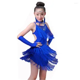 Stage Wear Ragazza Ballo latino con paillettes Frange Blu Rosa Rosso Vestito da salsa Bambino Ragazze Abiti per bambini Costumi