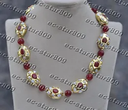 Hänghalsband Z11555 19 "26mm Red Jade Agate White Pearl Gilding Egg Halsband