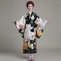 Ethnic Clothing Black Vintage Japanese Ladies Kimono Bath Gown Women's Faux Silk Yukata With Obi Performance Dance Dress Cosplay