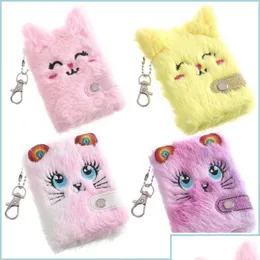 Party Favor Cute Cat Plush Notebook For Girls Kawaii Pendant Keychain Furry Cats Daily Planner Journal Book Note Pad Drop Delivery H DHGJB